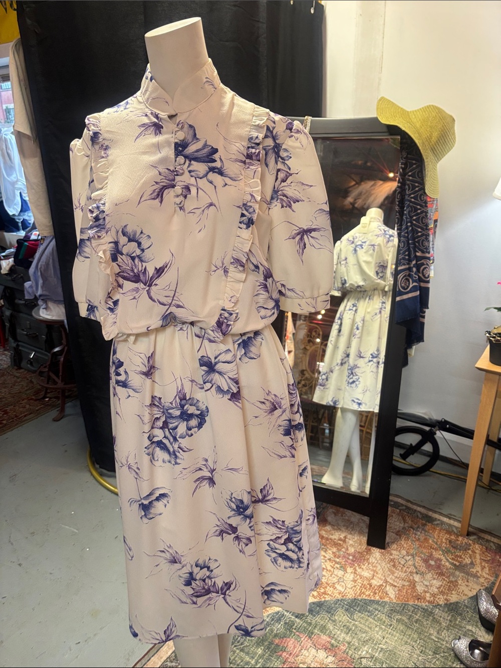 Moods Cream Midi Dress with Blue Floral Print and Puff Sleeves